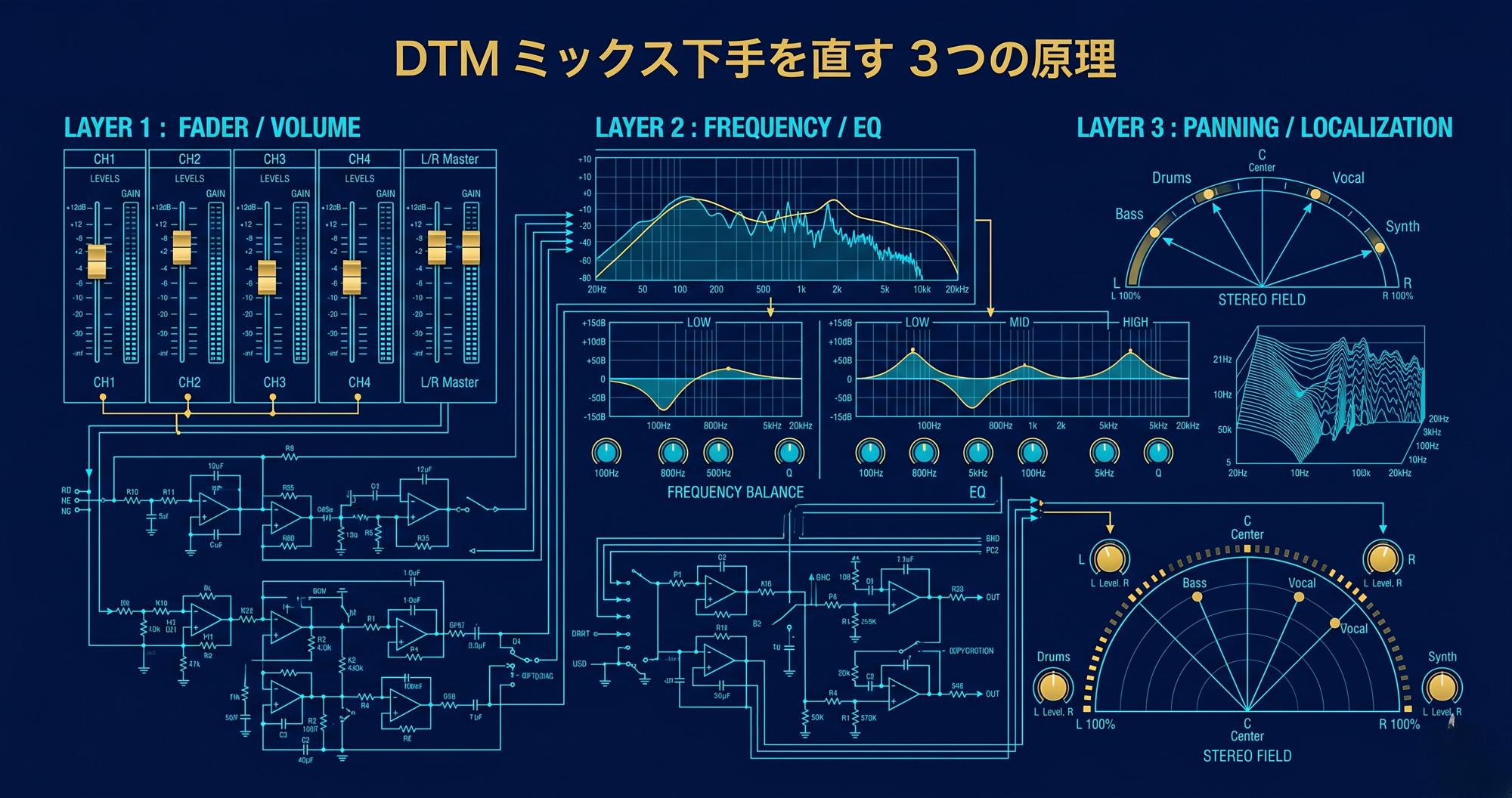 DTM ミックス上達のためのプロの聴き方3つの原理（周波数・時間・定位）の図解