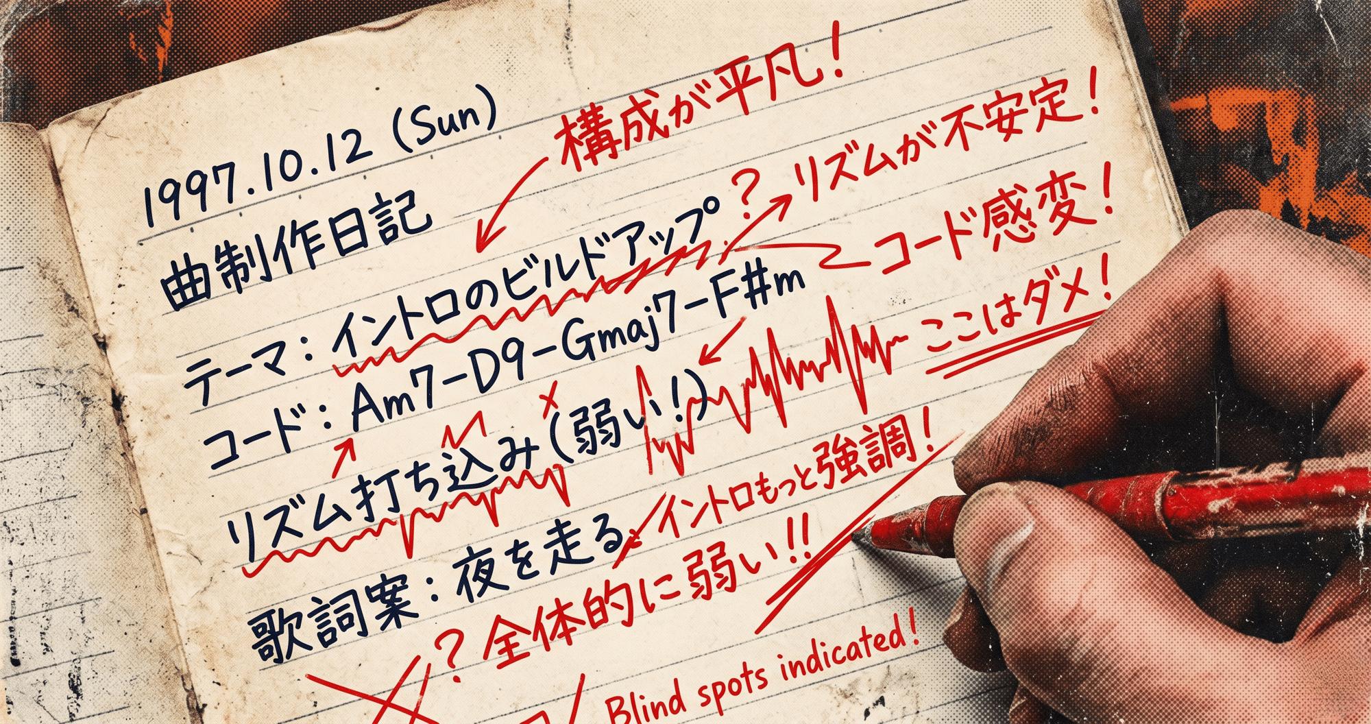 DTM添削で変わる3つの盲点|独学の限界を破る原理 4 DTM添削で自分の曲の盲点を赤入れされるイメージ