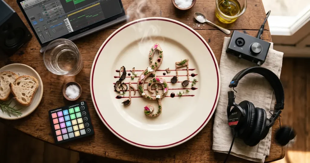 AIマスタリングで音は良くなる?失敗しない使い方 11 皿の上に音符が盛り付けられた写真、仕上げとしてのマスタリングの比喩