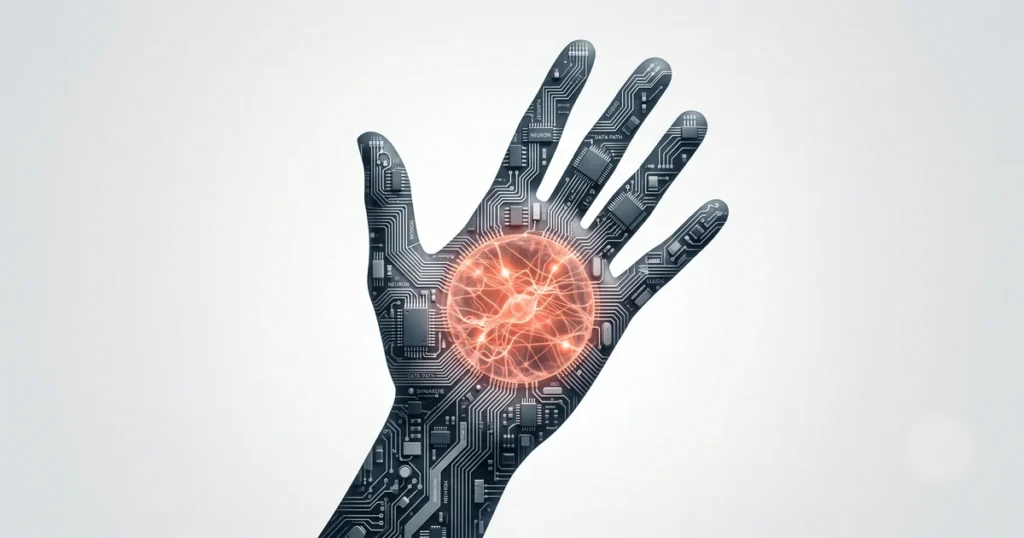 AIミックスはDTM初心者に使える?できること 10 回路基板でできた手のひらに光るニューロンが浮かぶイメージ