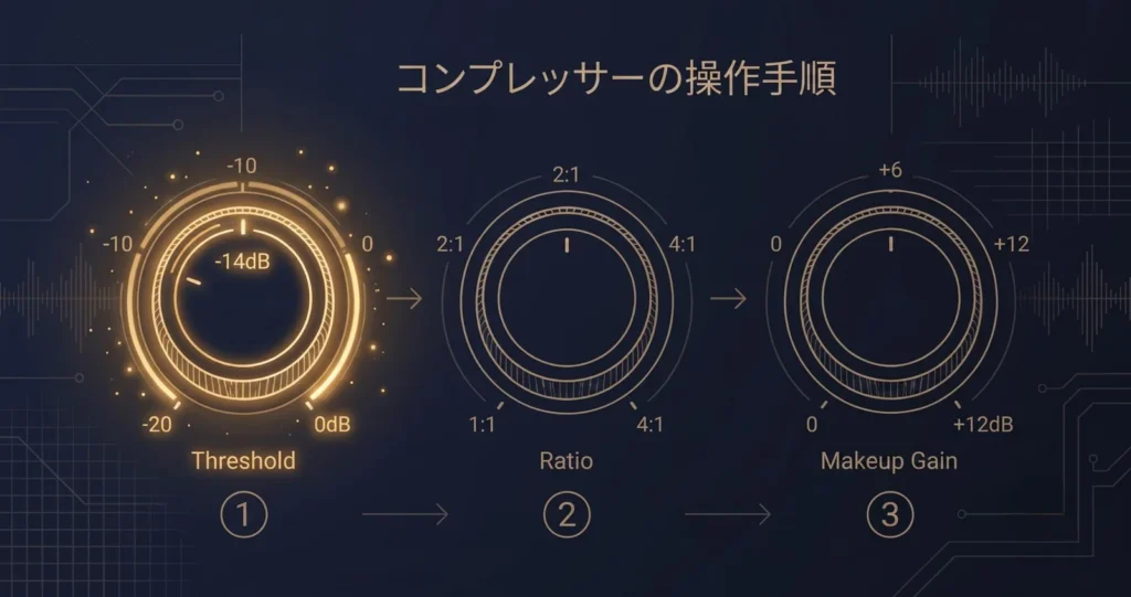 コンプがわからない人へ|まずいじる順番 10 スレッショルドとアタックを段階的に習得するコンプレッサー操作のイメージ