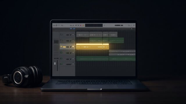 DTM 初心者 6 暗いスタジオでGarageBandを開いたMacBookとヘッドホン(DTM初心者イメージ)