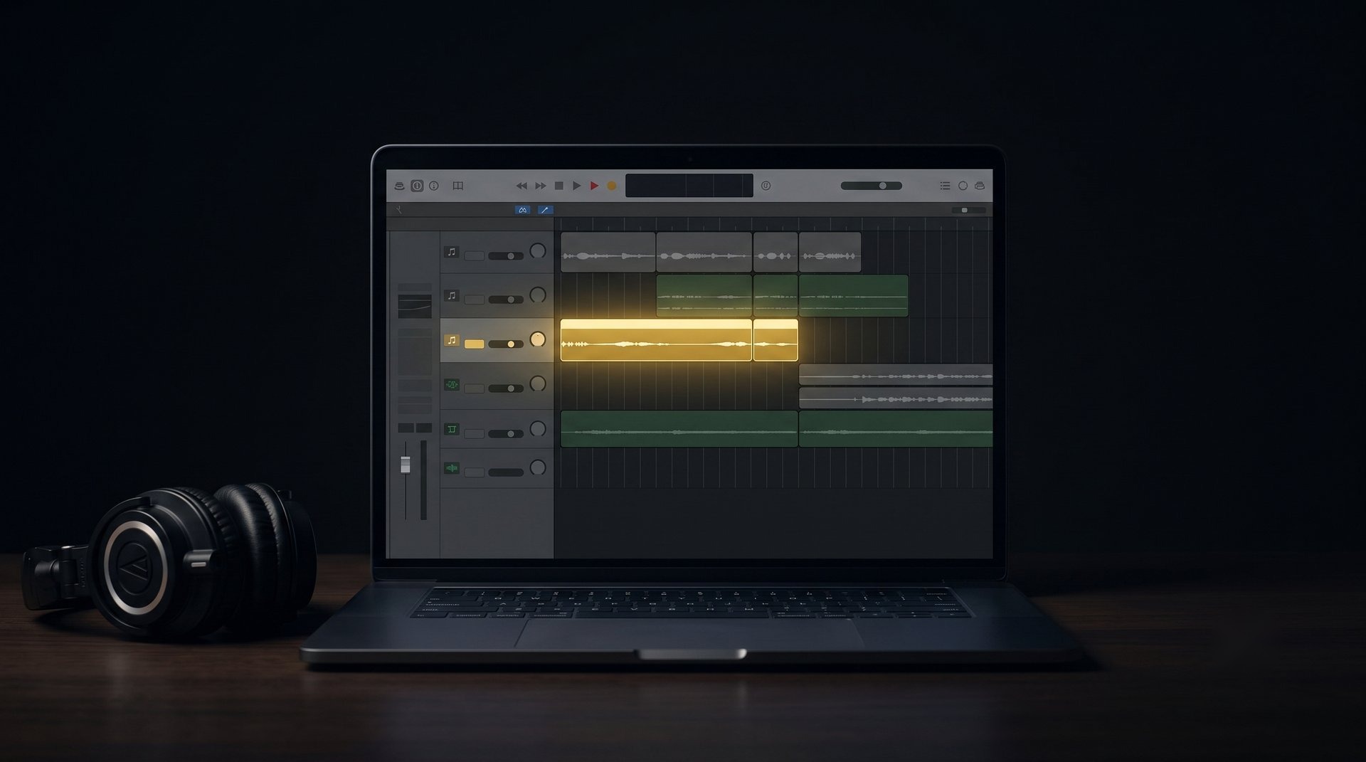 DTM 初心者 7 暗いスタジオでGarageBandを開いたMacBookとヘッドホン(DTM初心者イメージ)