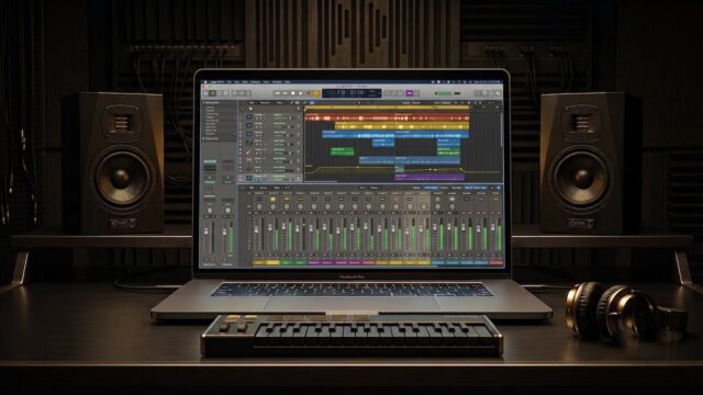 DTM 中級者 8 モニタースピーカーに挟まれミキサー画面を開いたMacBook(DTM中級者イメージ)