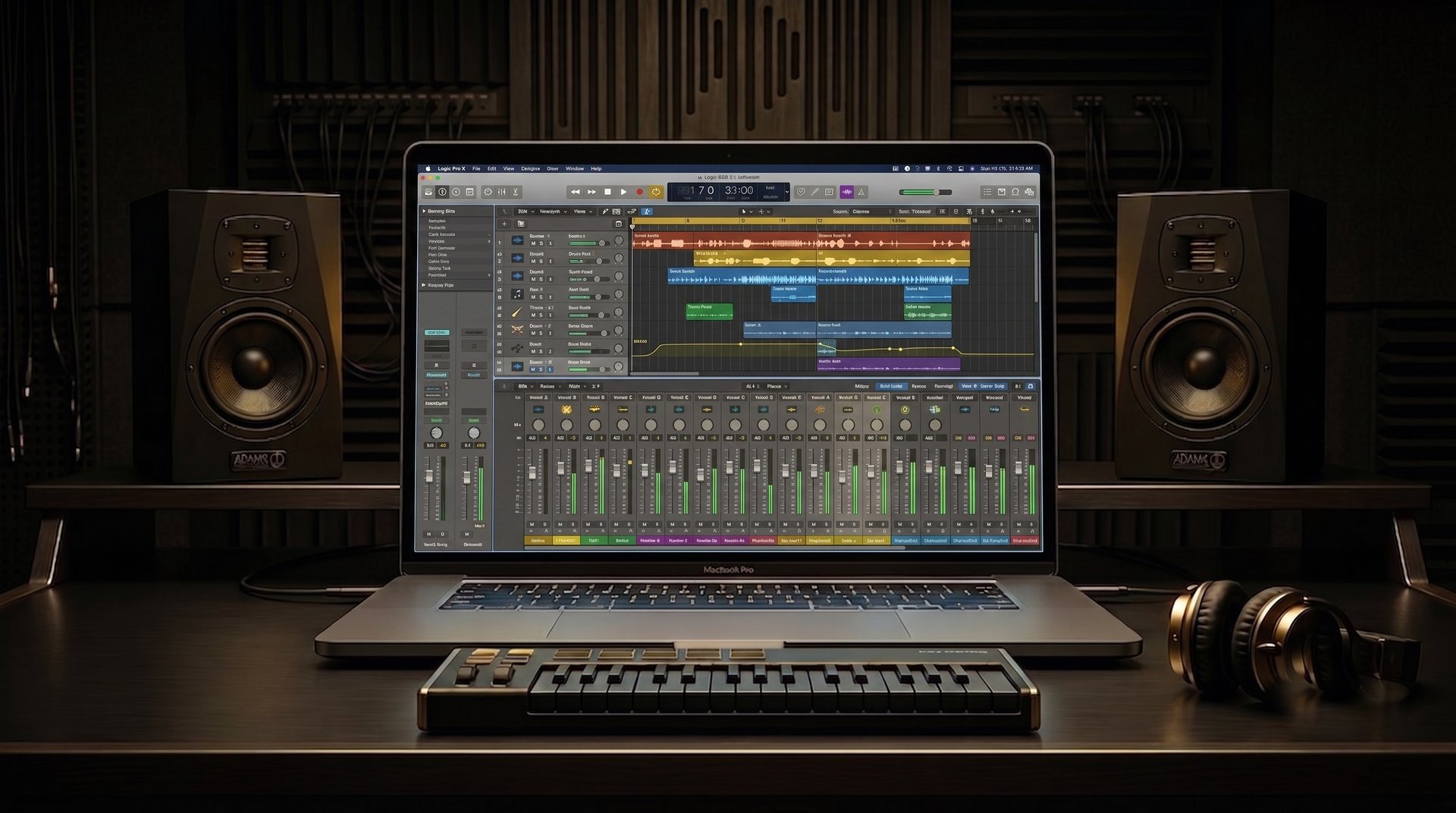 モニタースピーカーに挟まれミキサー画面を開いたMacBook（DTM中級者イメージ）