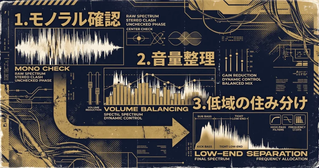 DTMで音がこもる・抜けない原因と直し方 10 モノラル確認・音量整理・低域の住み分けという3手順を示す図解