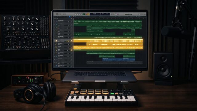 DTM 脱初心者 7 Logic ProとMIDIキーボードを並べた制作デスク(DTM脱初心者イメージ)