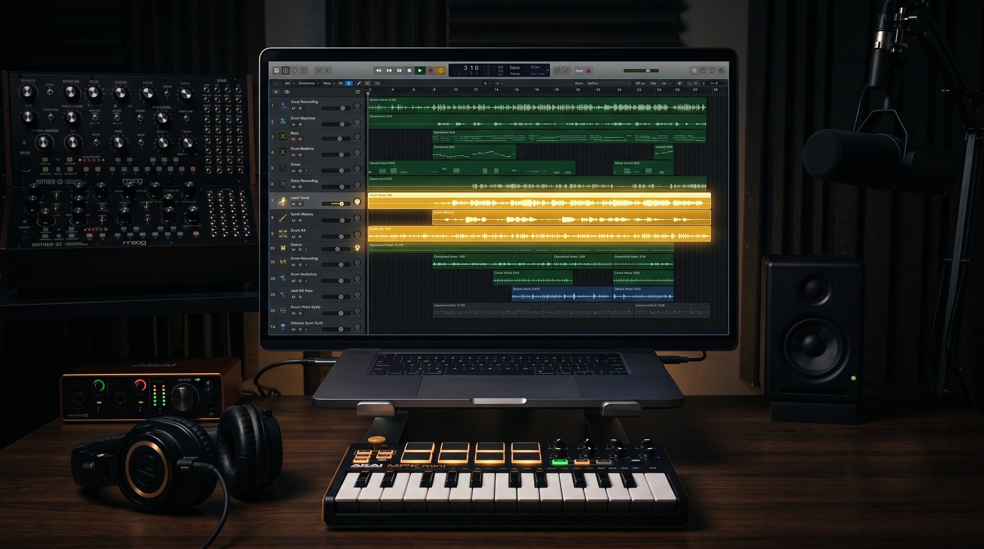 Logic ProとMIDIキーボードを並べた制作デスク（DTM脱初心者イメージ）