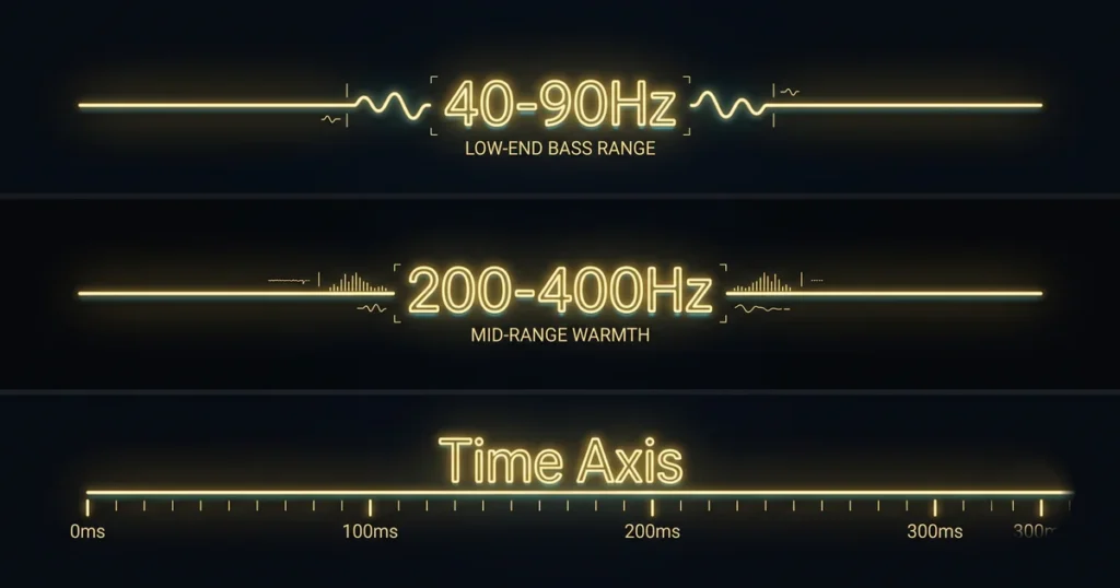 DTM添削で何を見てもらう?伸びる依頼内容の作り方 10 40-90Hzと200-400Hzの周波数帯域とタイムラインを示すネオン表示。添削依頼で伝える具体的な数値