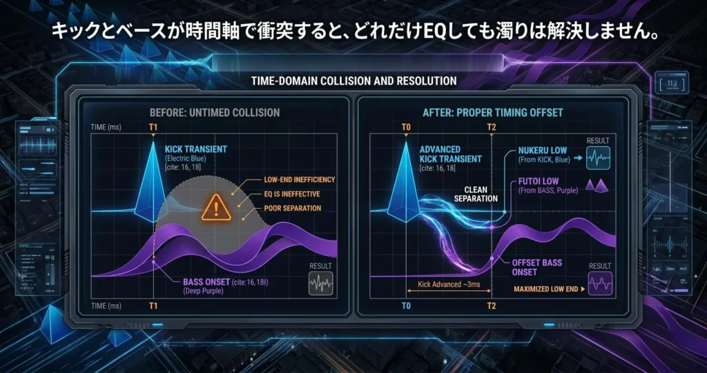 キックとベースの正しい関係:ローエンド構築・完全ガイド 5 キックとベースのタイミング設計を示す図