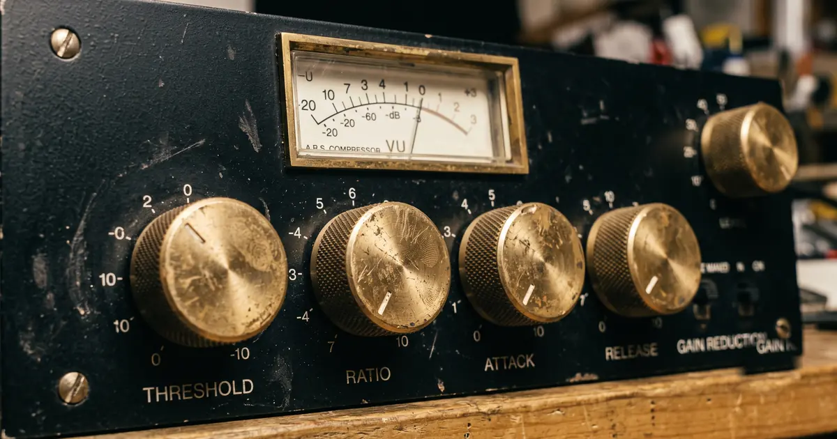 コンプとは何か|音量差を機械が縮める仕組みと、時間のつまみがある理由 4 スレッショルド・レシオ・アタック・リリースの4つのつまみとゲインリダクションメーターが並ぶコンプの操作面
